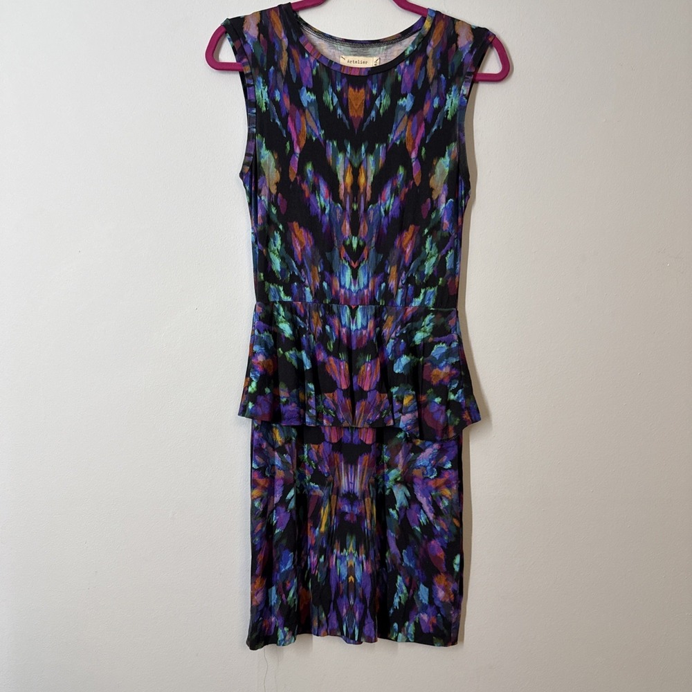 Artelier Nicole Miller‎ Multicolor Abstract Peplum Dress Artsy Small